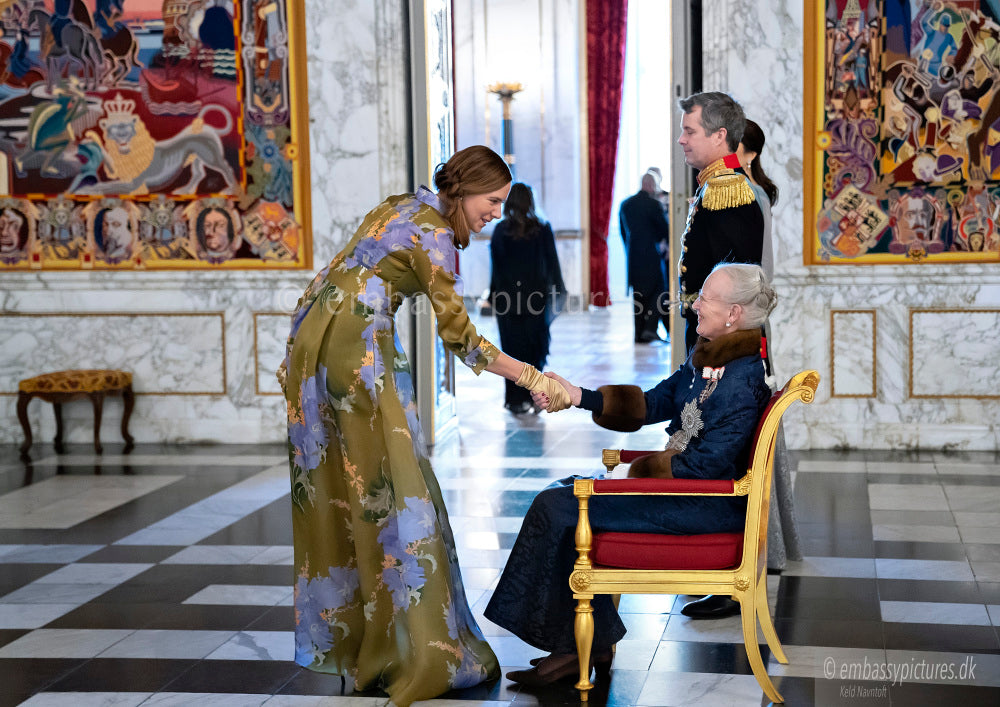In Royal Palaces / Iti Press, Ambassador of Estonia, wearing Amanjeda iconic dress style "KATE" at the New Years reception of the Queen of Denmark, Copenhagen.