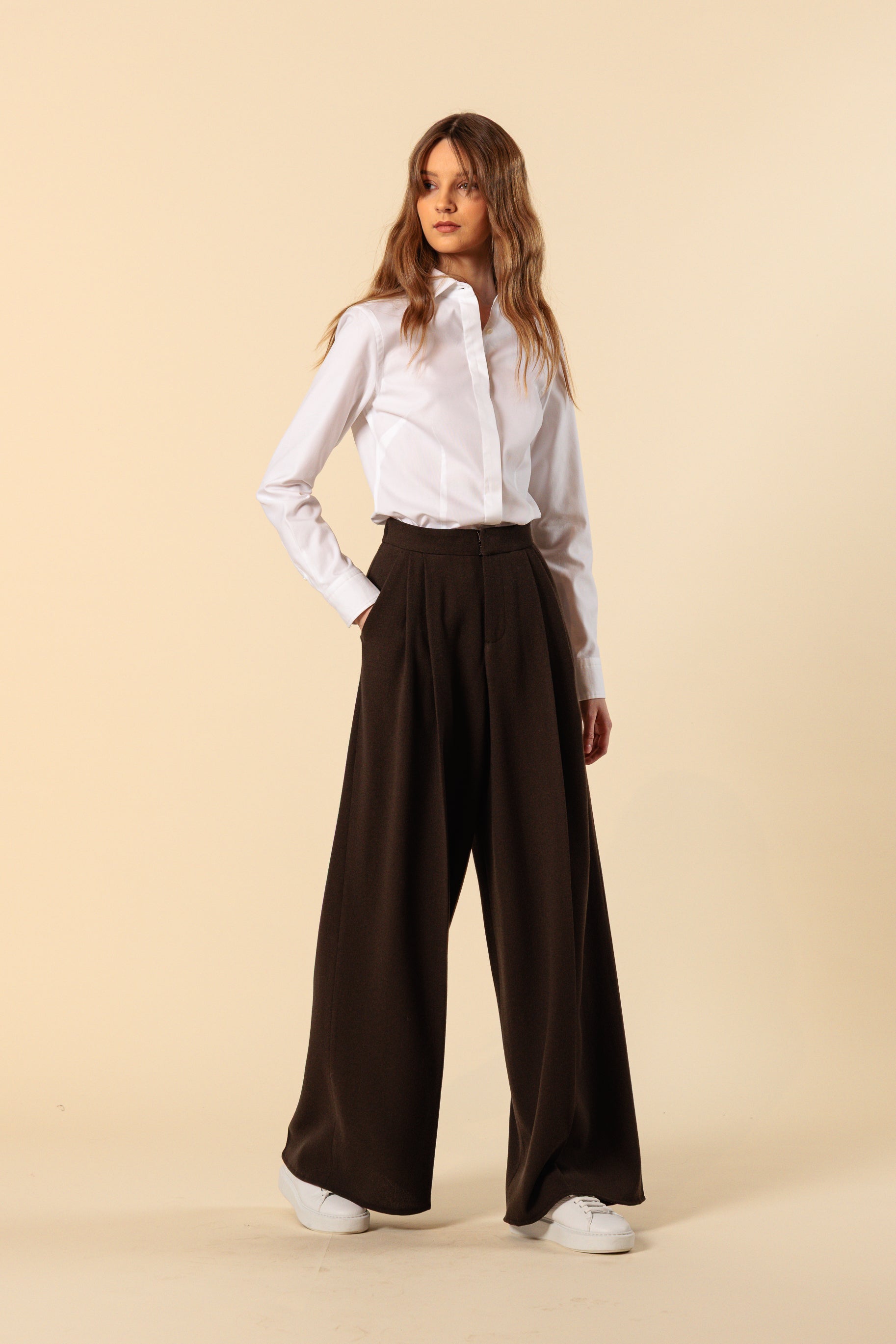 Püksid "BORDEAUX MAXI" / Hele villane krepp