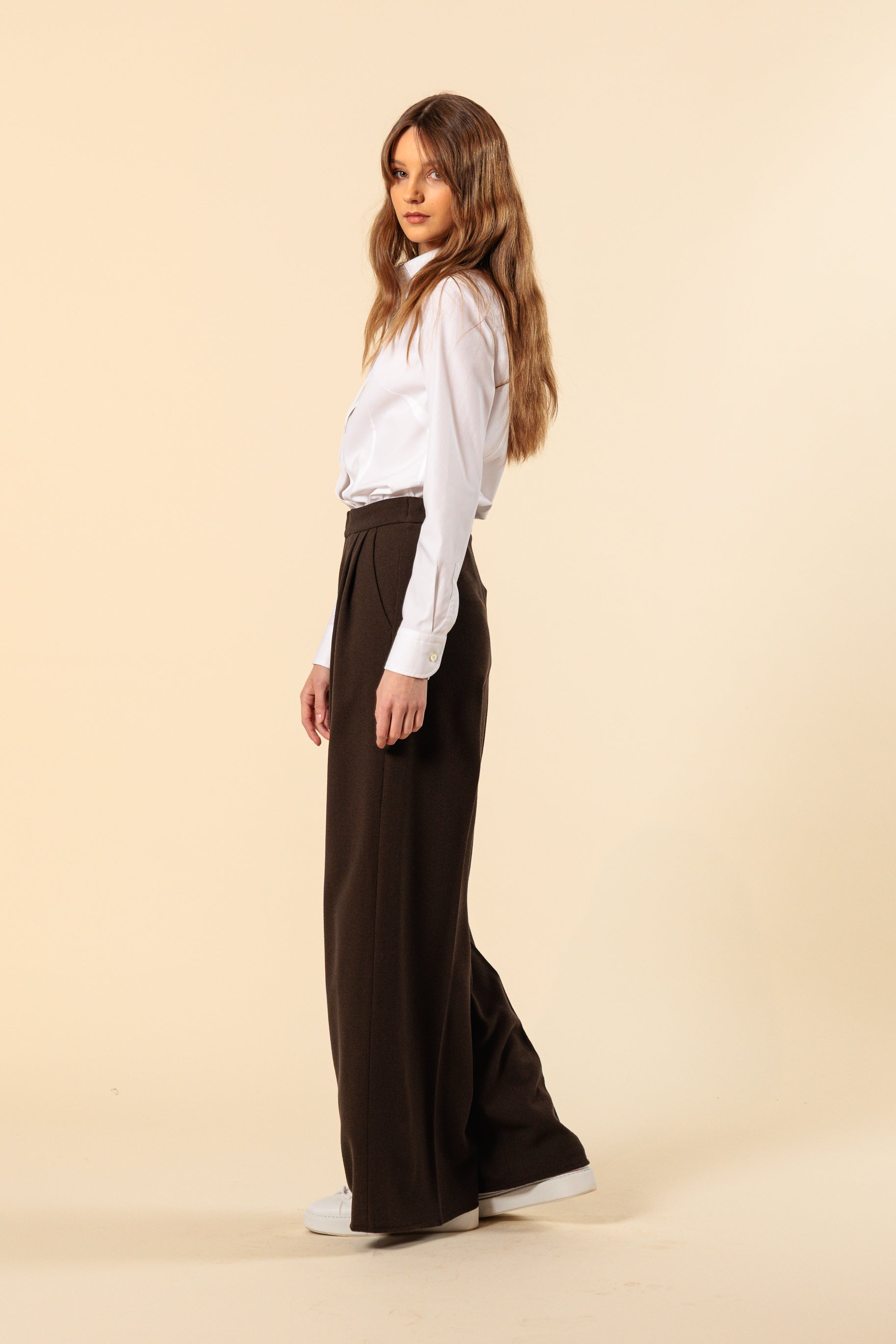 Püksid "BORDEAUX MAXI" / Hele villane krepp