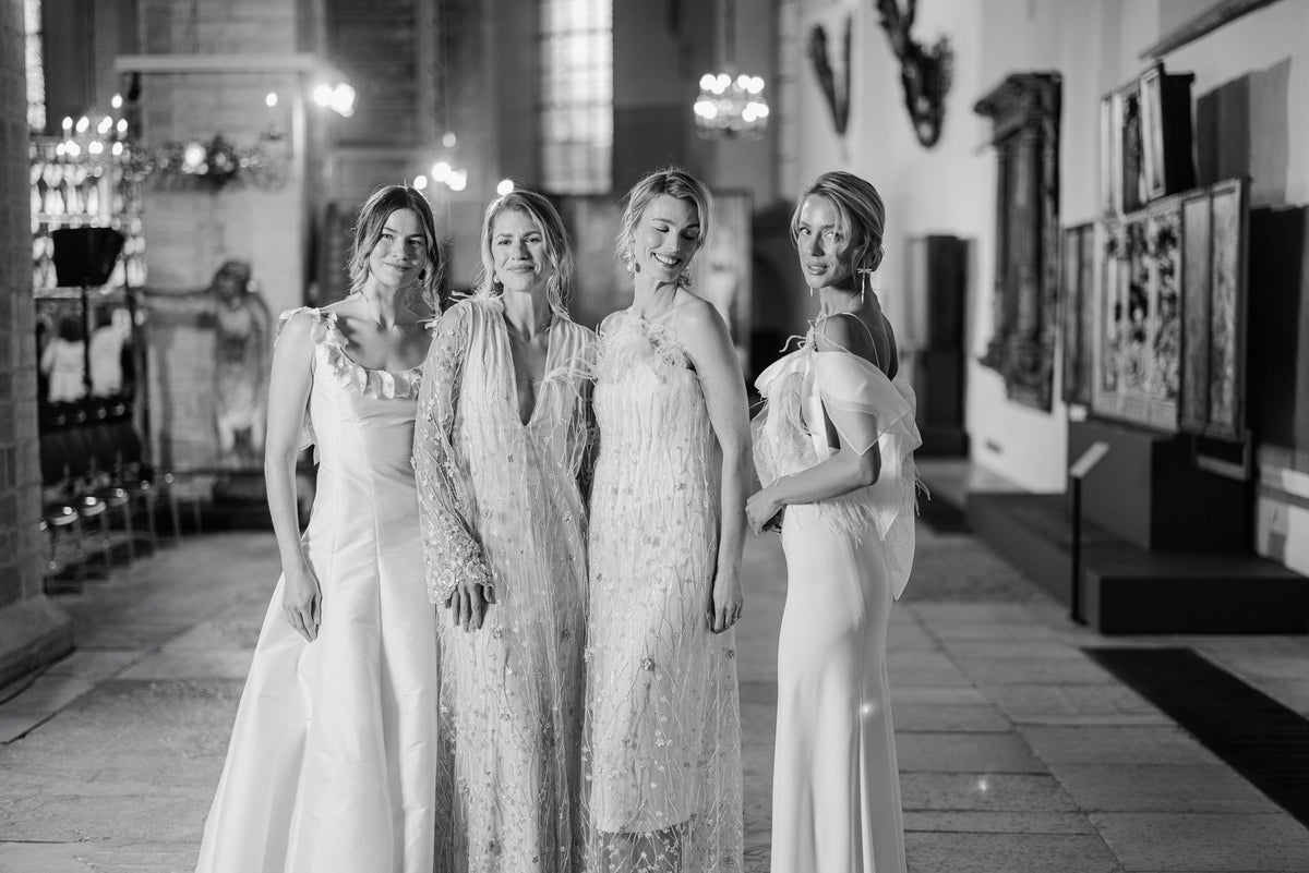 Four Amanjeda bridal looks with draped, embellished and off-the-shoulder silhouettes