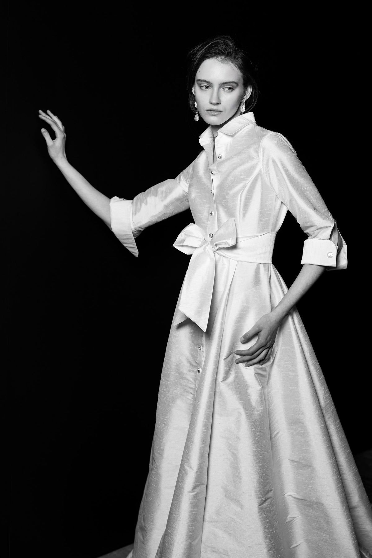 Silk shirt gown with a standing collar, waist tie and full skirt