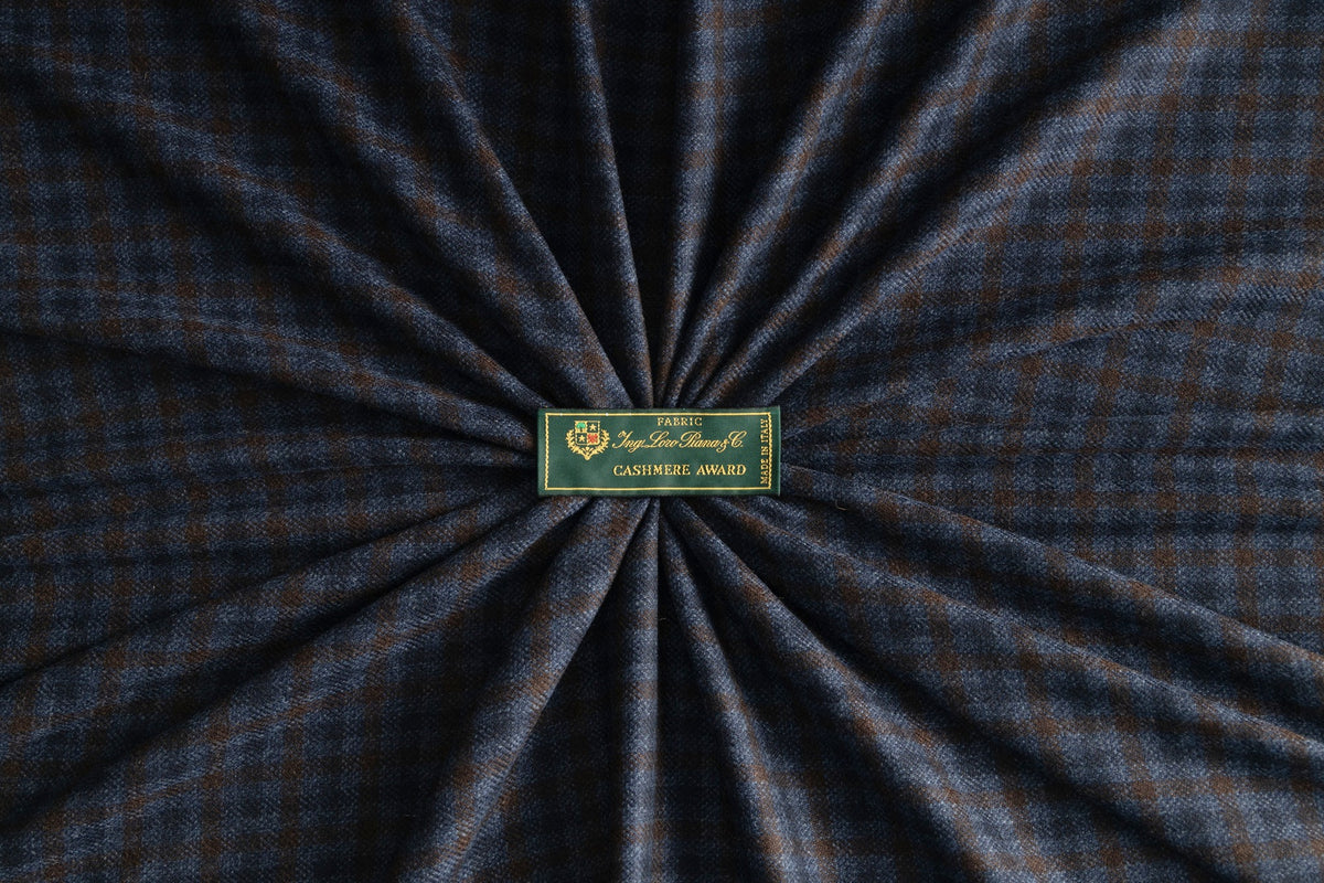 Loro Piana blue checked cashmere with woven brand label